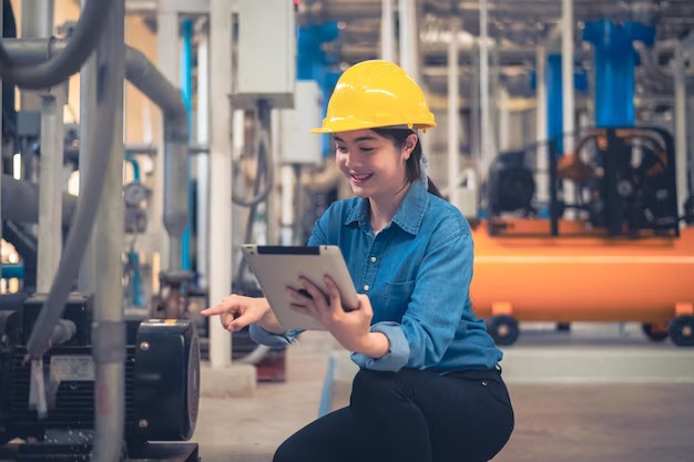 Third party inspector certifying industrial equipment